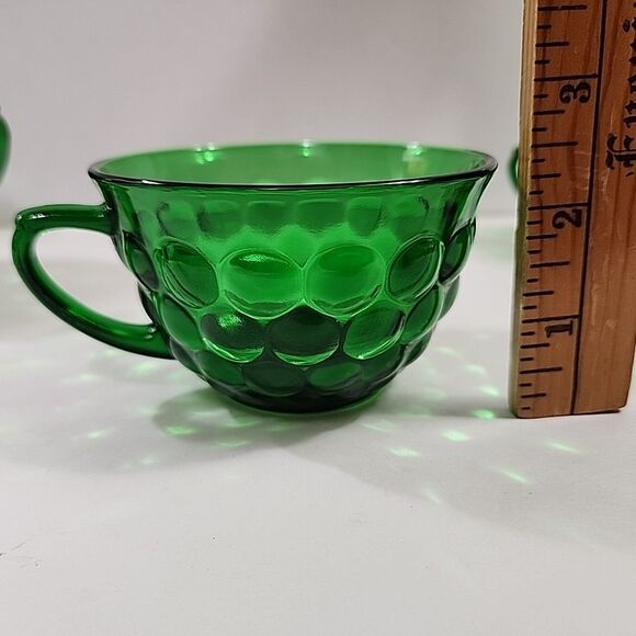 Set Of 4 Vtg Anchor Hocking Forest Green Bubble Glass (2) Cups + Cream & Sugar - Picture 8 of 16